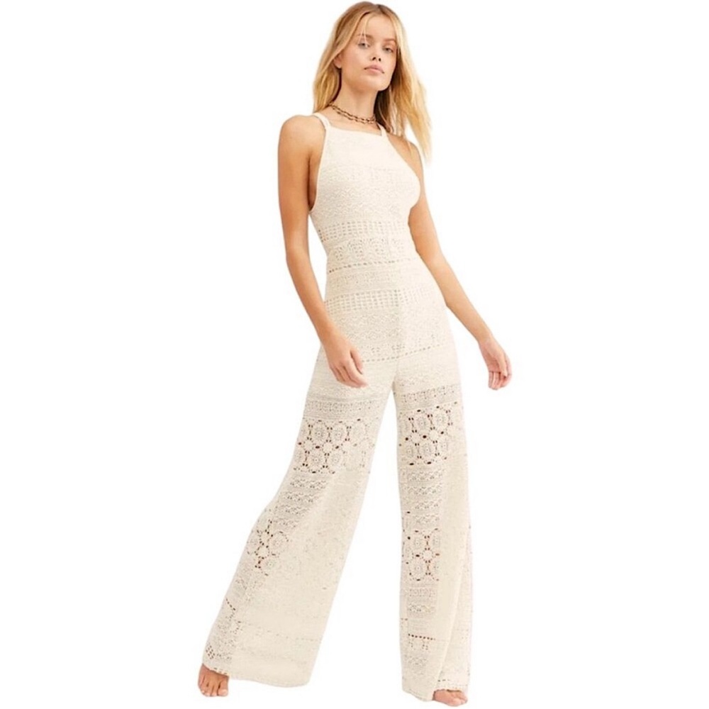 Free People Moon Bay Ivory Crochet Jumpsuit Sz Large - Picture 2 of 9